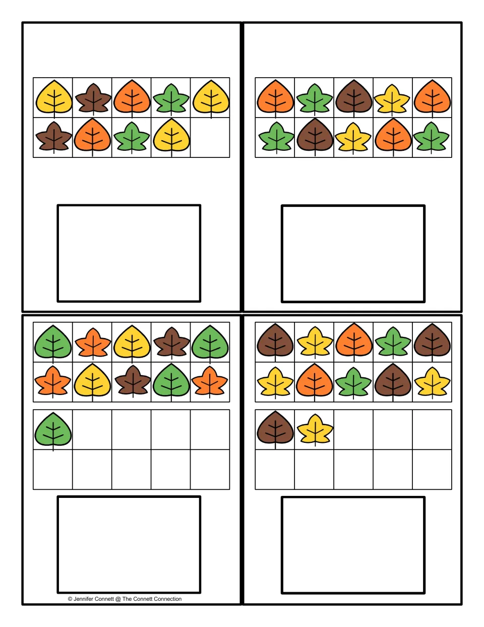 Counting cards for 9 to 12: students count a full ten frame of leaves plus extras in a second frame and record the total