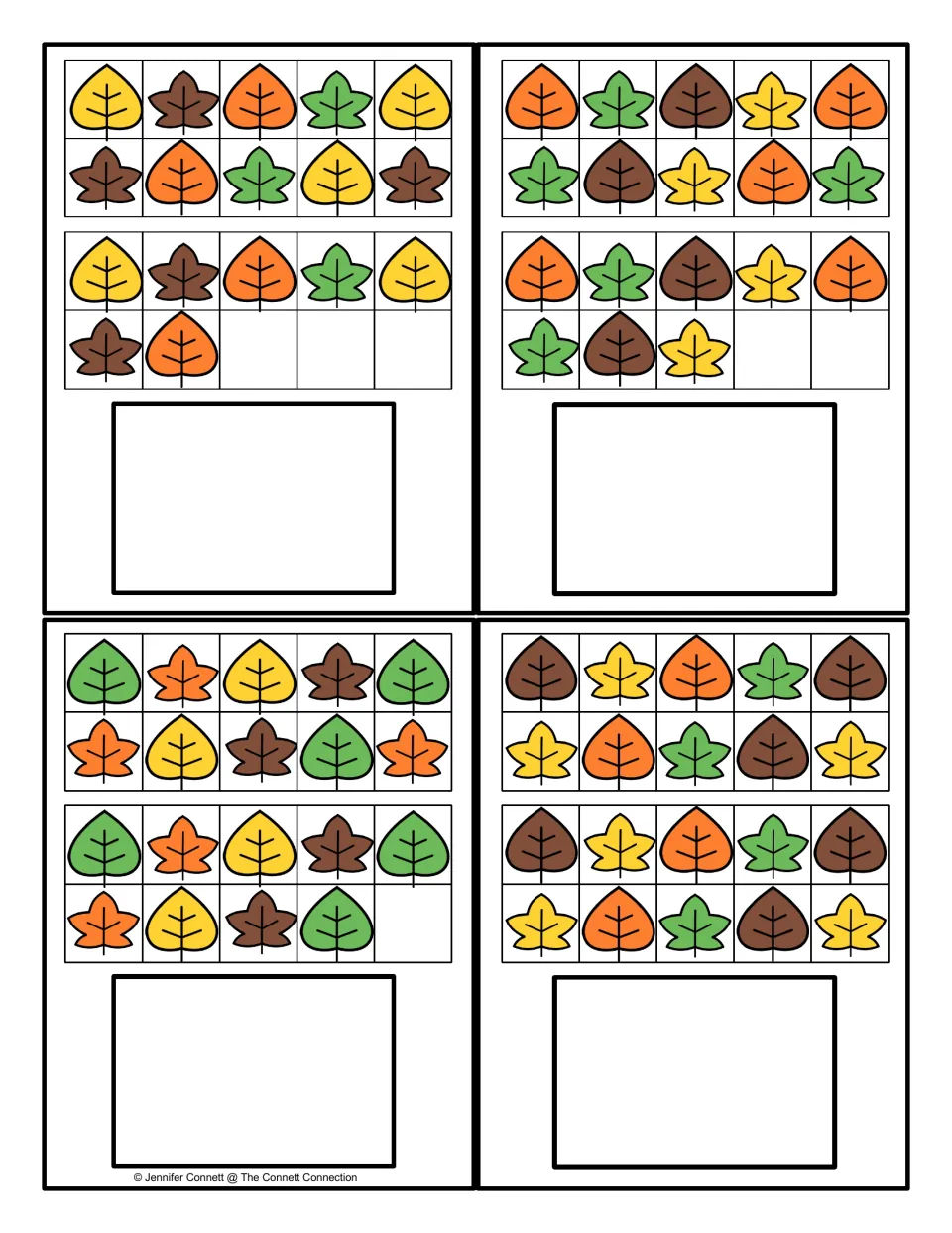Counting cards for 17 to 20: students count two ten frames of fall leaves, up to both frames full, and record each total