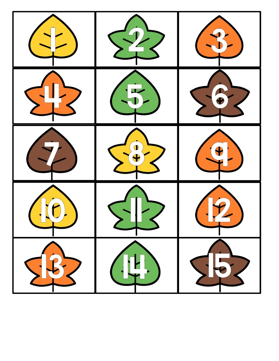 Number leaf pieces 1 to 15: students cut out each numbered fall leaf and match it to the card showing that many leaves