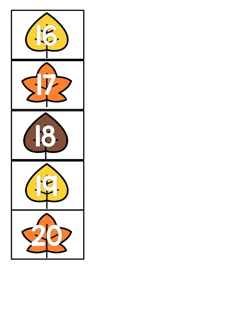 Number leaf pieces 16 to 20: five numbered fall leaves for students to cut out and place on the matching counting card