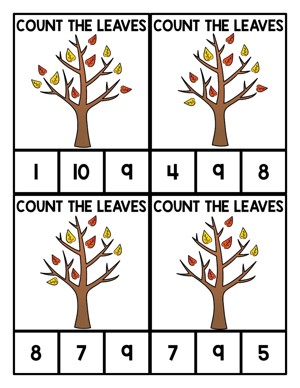 Count the leaves: four fall tree clip cards with 7 to 10 leaves; students count and clip the matching number of 3 choices