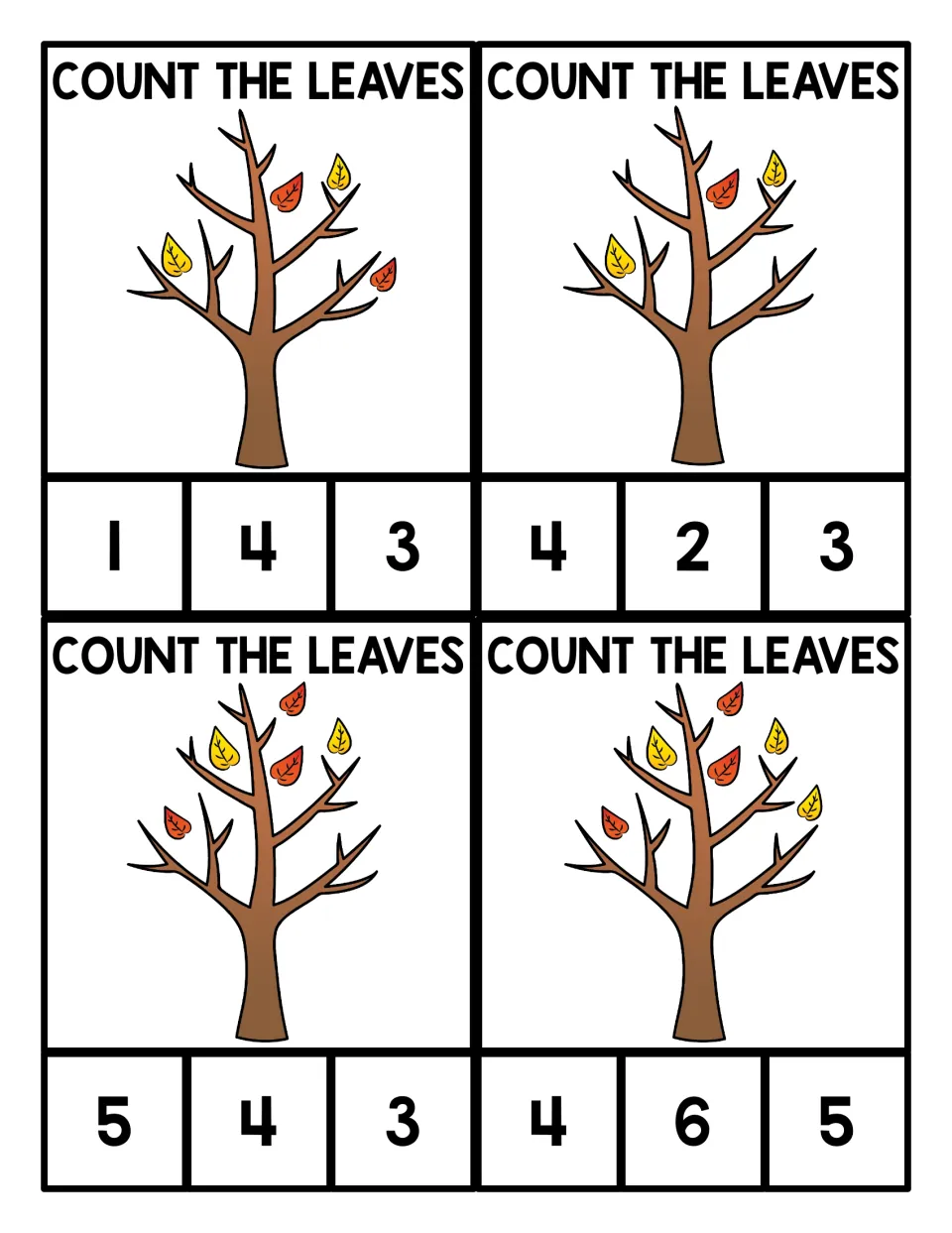 Counting leaves on fall trees: four clip cards showing 3 to 6 leaves, each with three numeral choices to clip