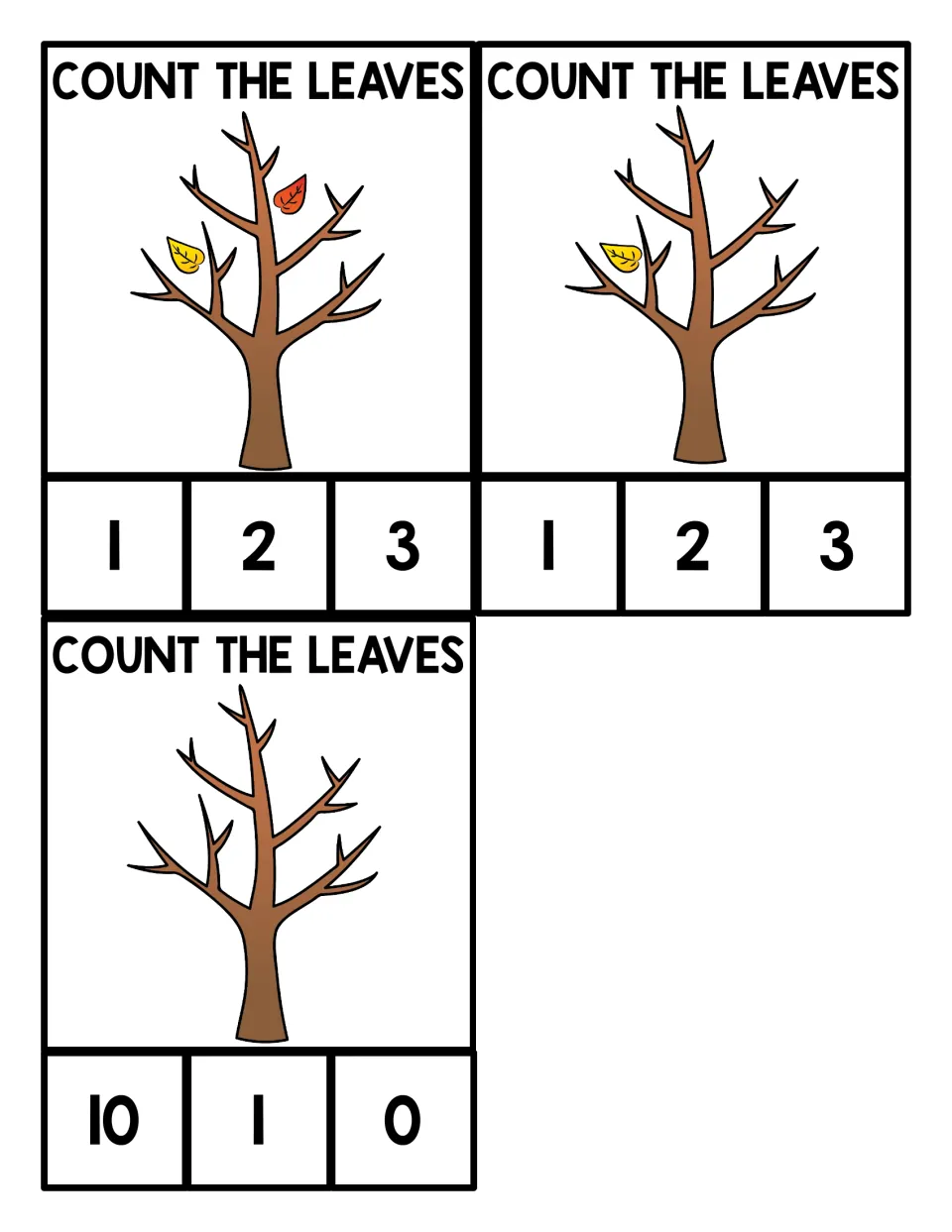 Counting cards for 2, 1 and 0 leaves: three trees with few or no leaves; students pick the matching numeral, including zero