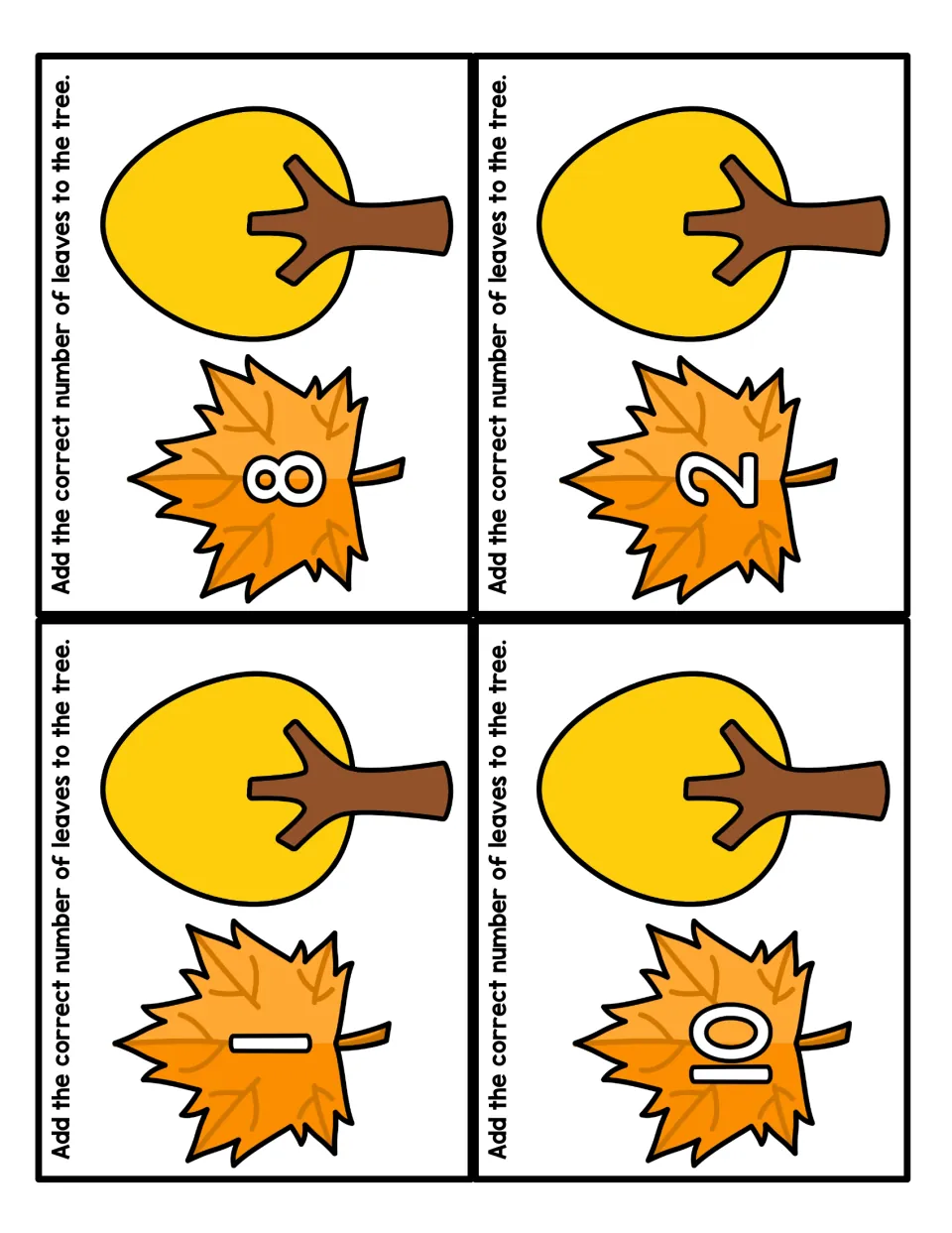 Fall counting cards for 1, 2, 8 and 10: students add that many leaves to a yellow tree to match the numeral on the leaf