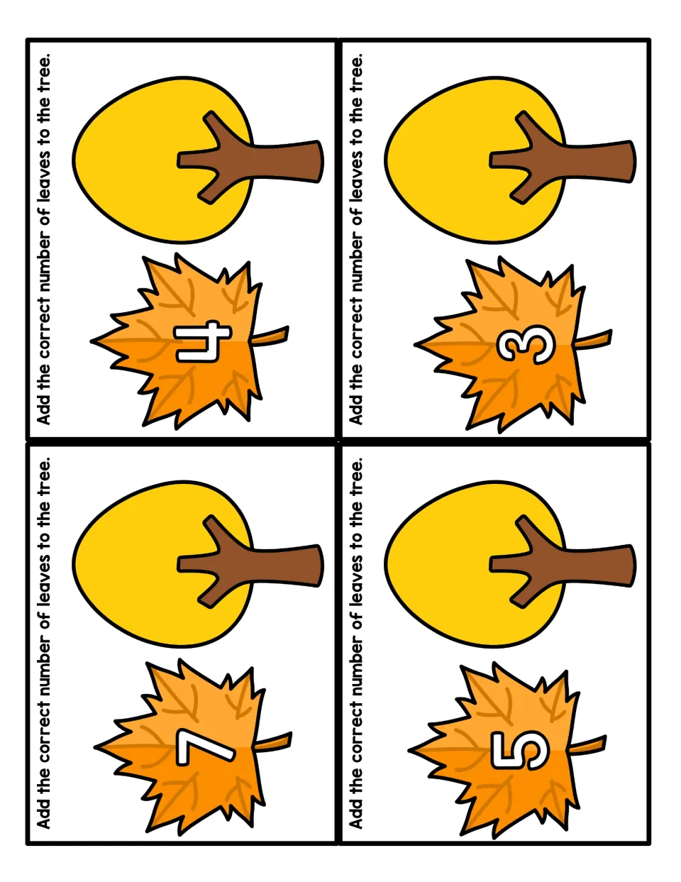 Leaf counting task cards for 3, 4, 5 and 7: children place leaves on a tree to show the number printed on each maple leaf