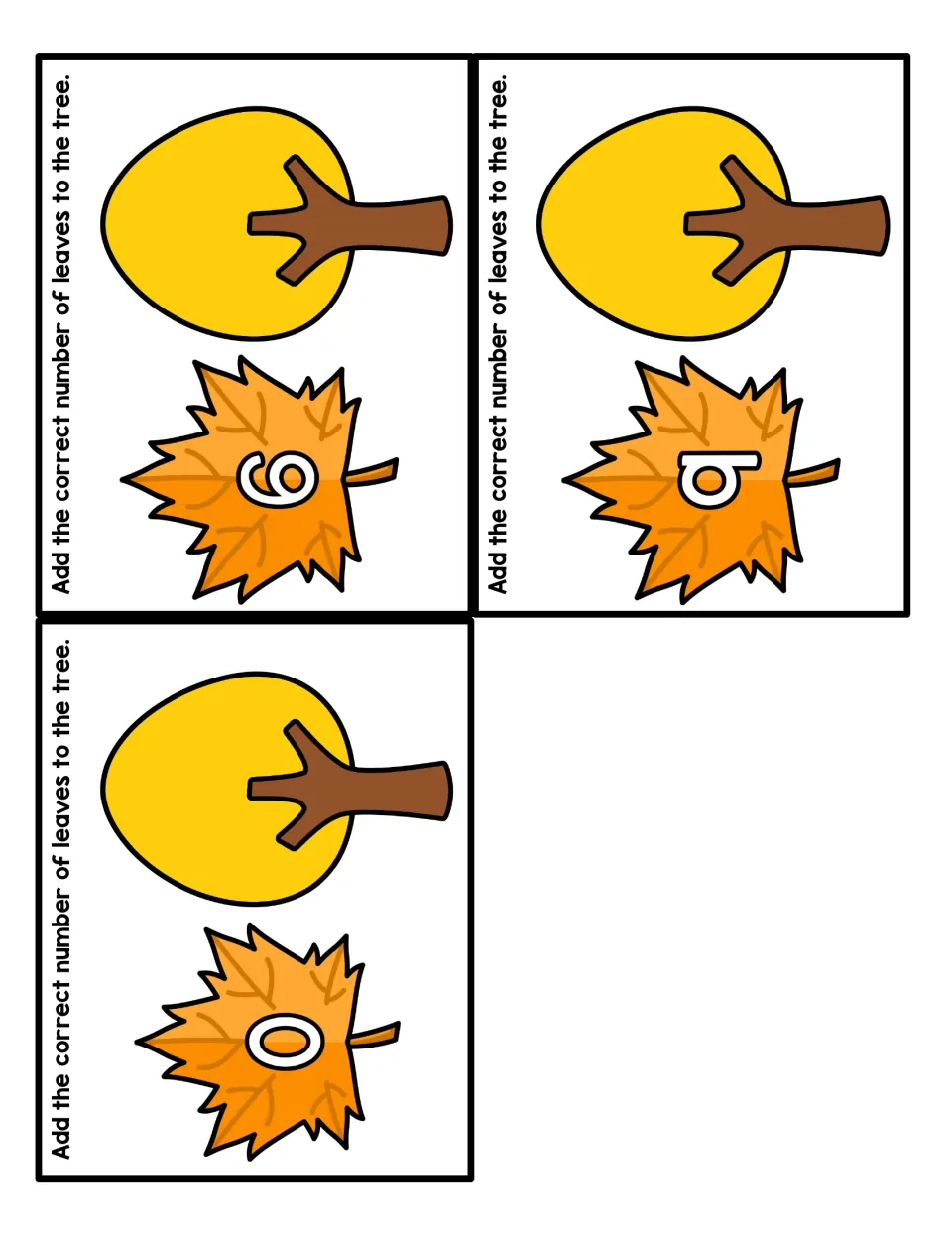 Tree counting cards for 0, 6 and 9: students add leaves to match each numeral, including a card where no leaves are added