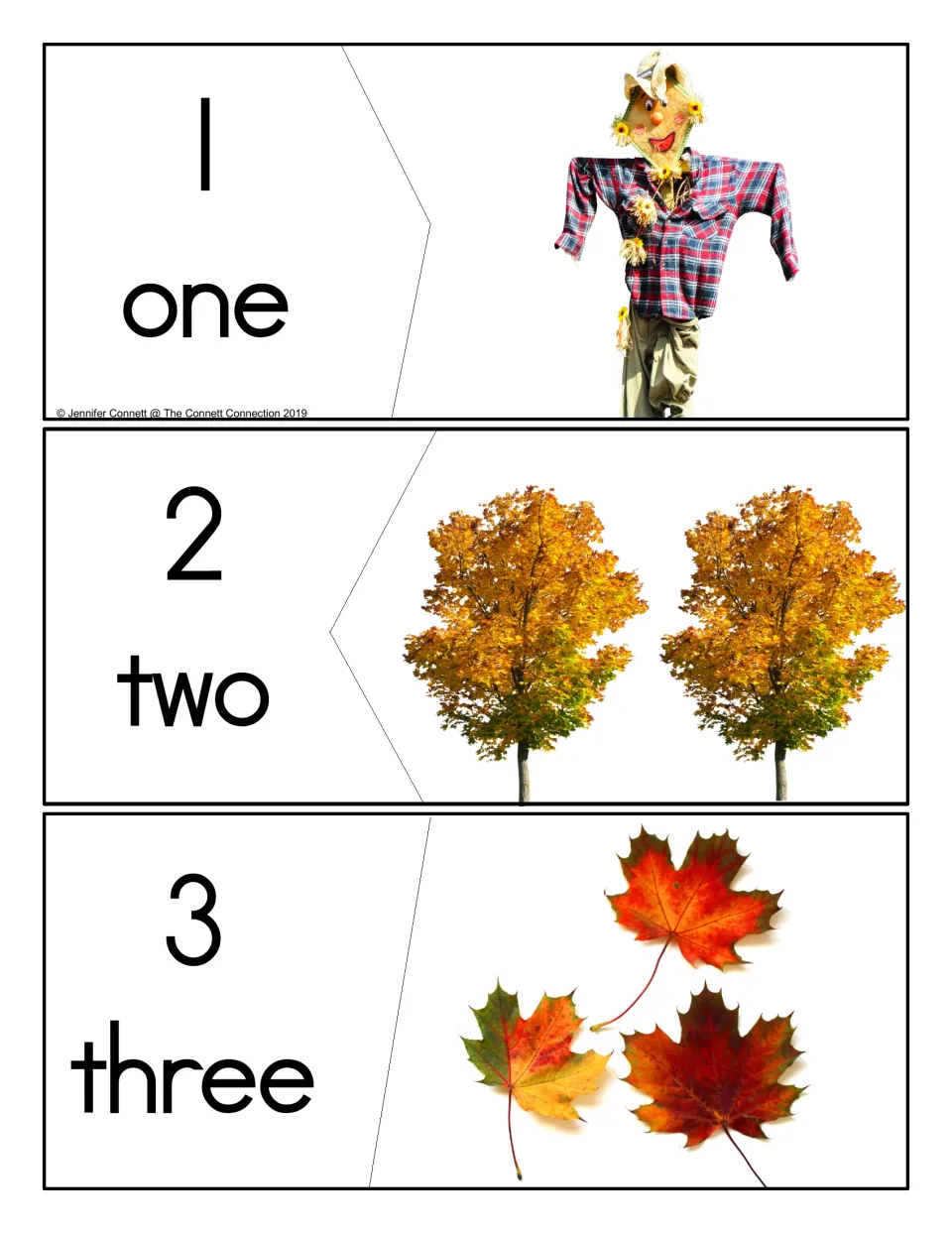 Counting puzzles 1 to 3: students match numeral and word pieces to photos of 1 scarecrow, 2 fall trees and 3 maple leaves
