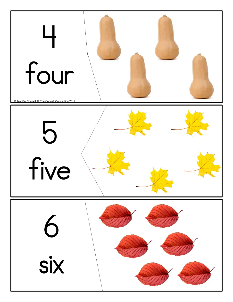 Counting puzzles 4 to 6: students match numerals and words to photos of 4 butternut squash, 5 yellow leaves and 6 red leaves