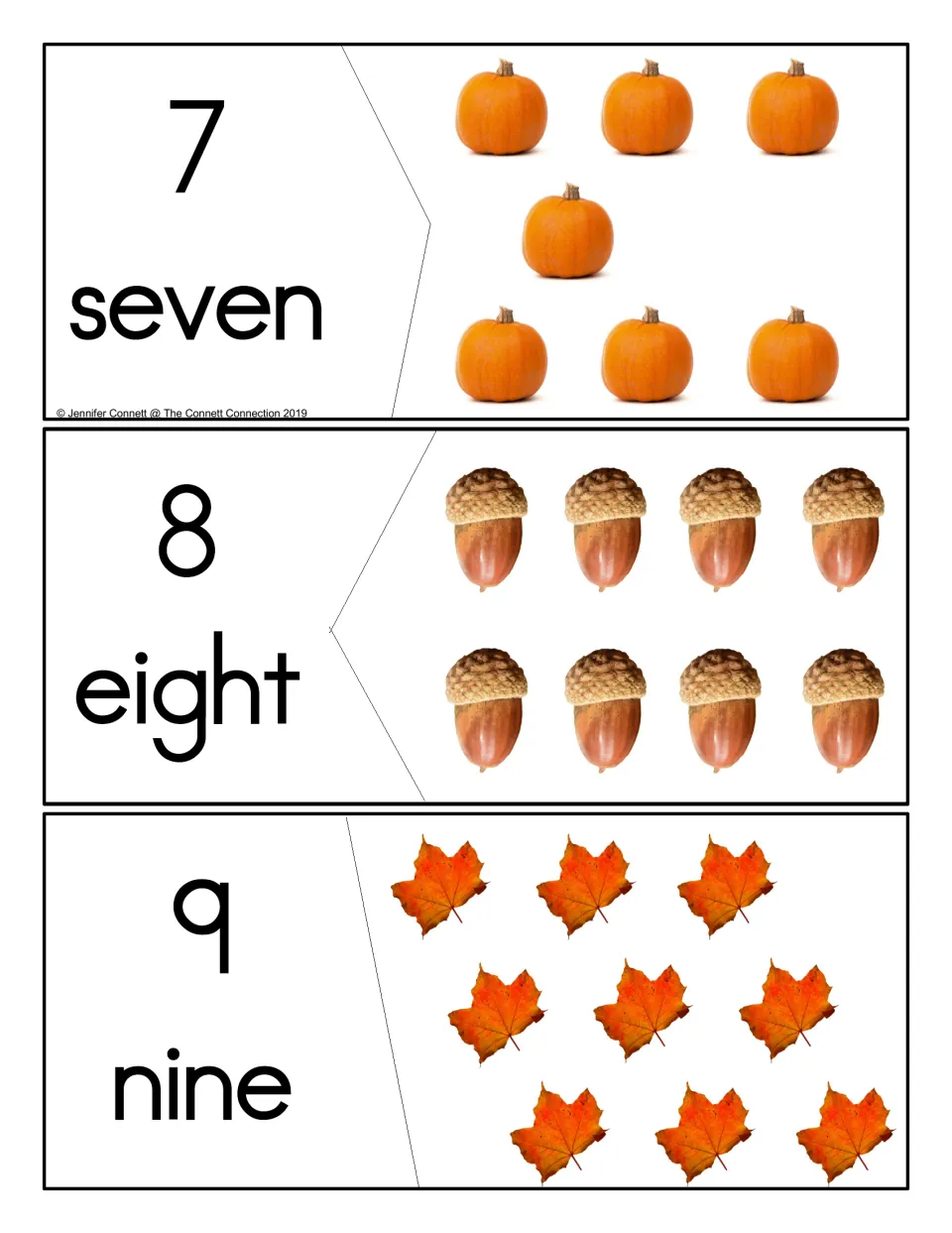 Counting puzzles 7 to 9: students join numeral and word pieces to photos of 7 pumpkins, 8 acorns and 9 orange maple leaves