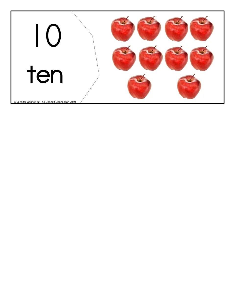 Counting puzzle for 10: students match the numeral 10 and the word ten to a photo of ten red apples, counting each one