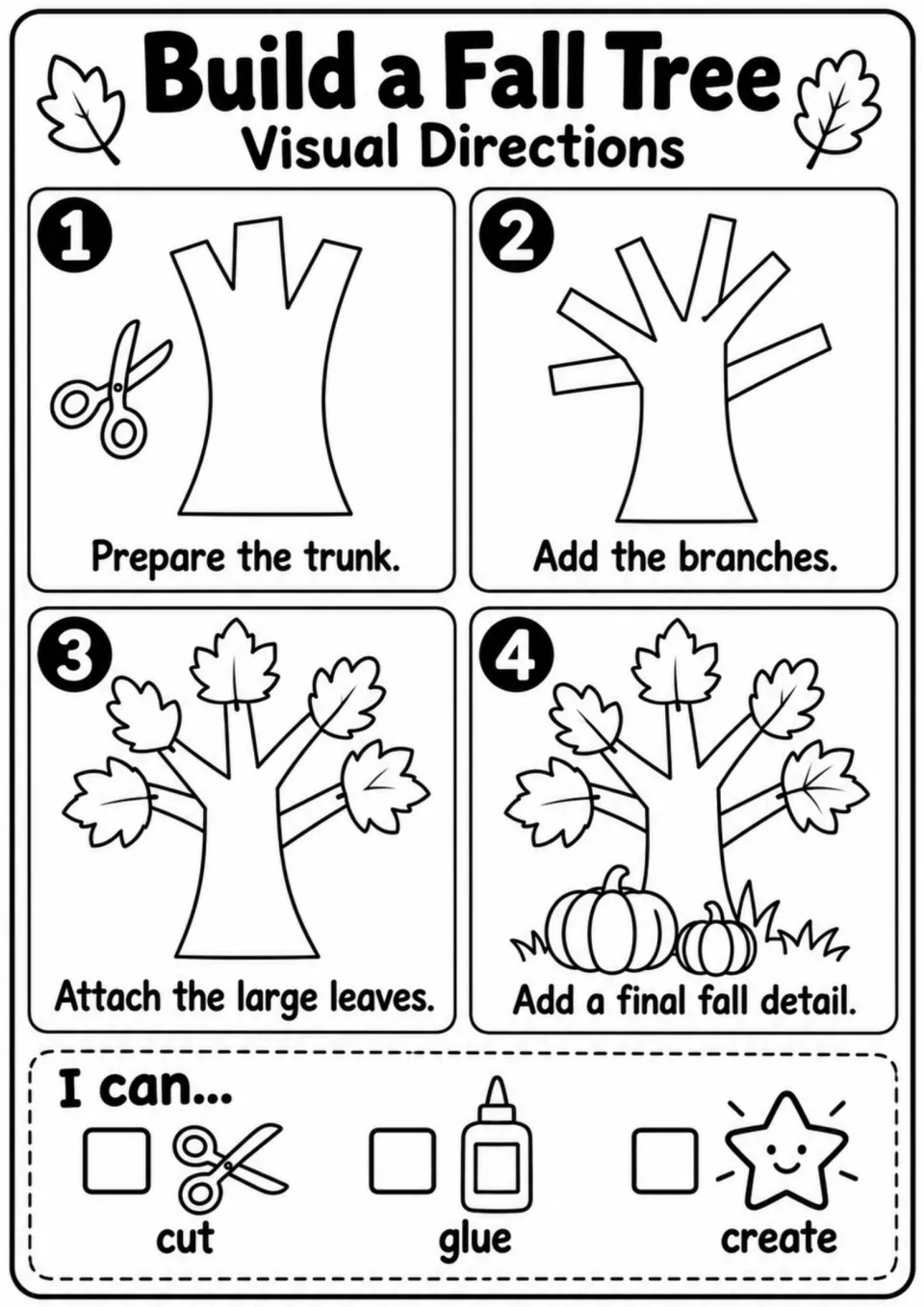 Build a Fall Tree visual directions: four picture steps from trunk to leaves, plus an I can cut, glue, create checklist