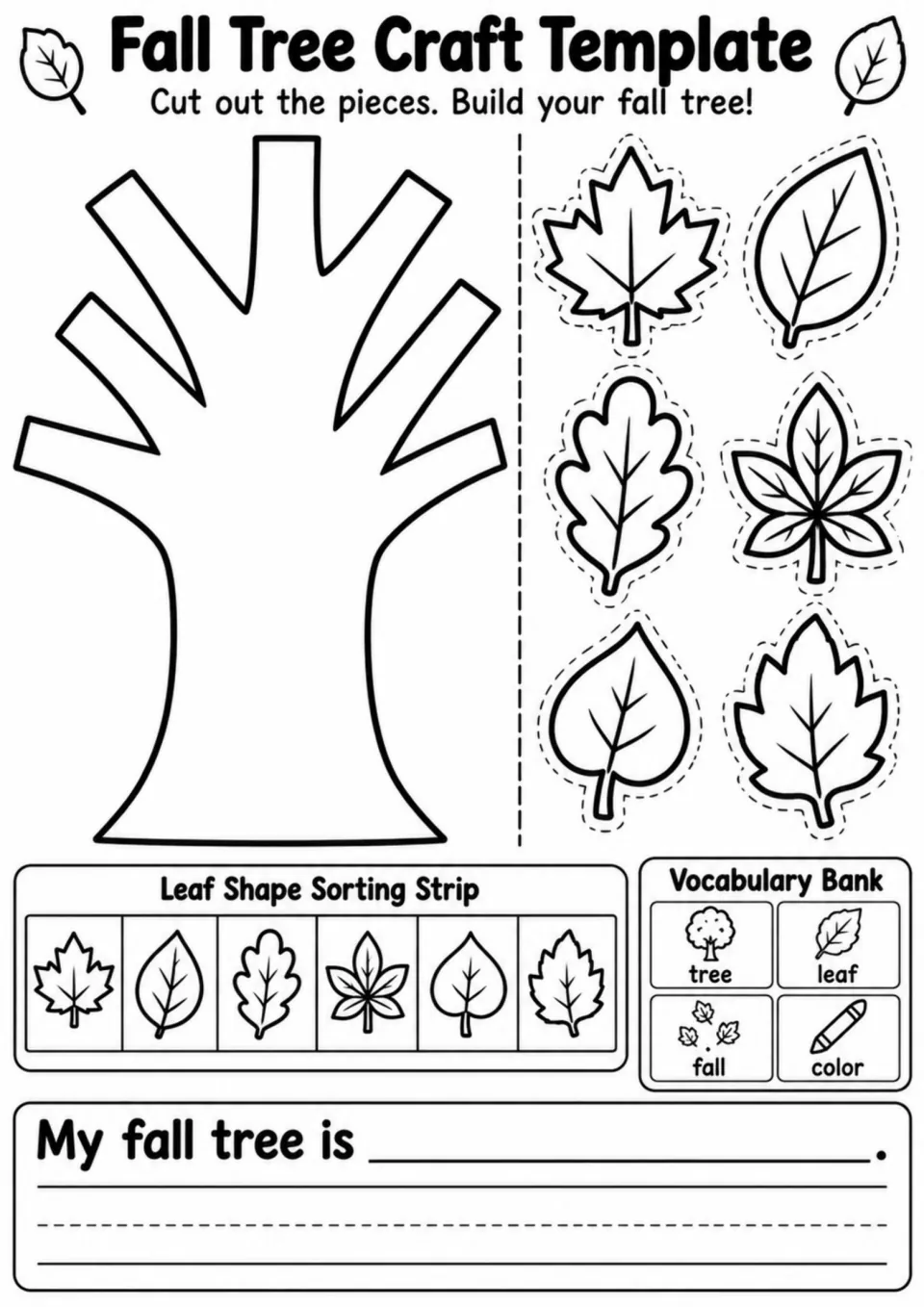 Fall tree craft template: students cut out a tree and six leaves, then finish My fall tree is using a word bank