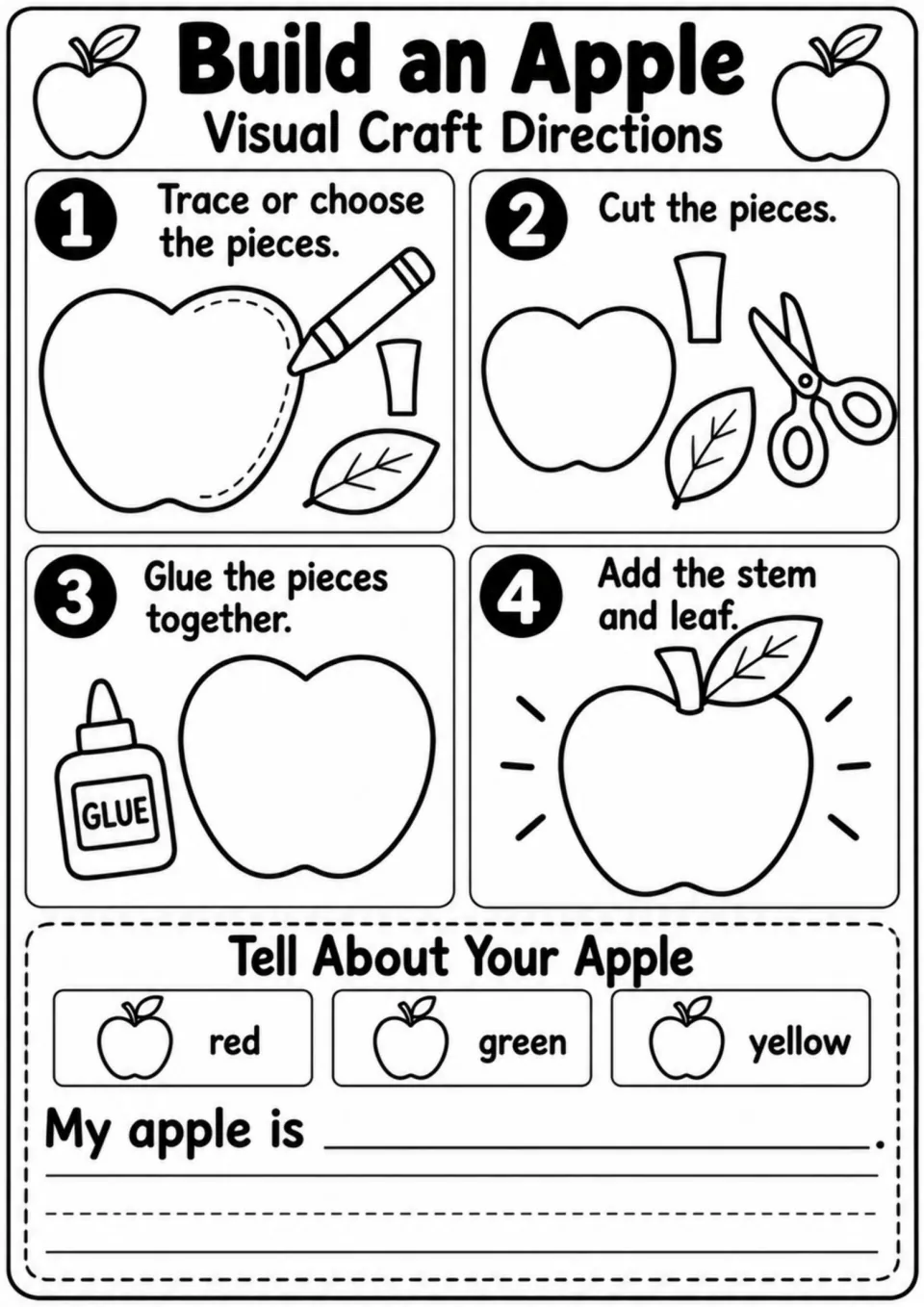 Build an Apple craft directions: students trace, cut, glue and add a stem, then finish My apple is with a color word
