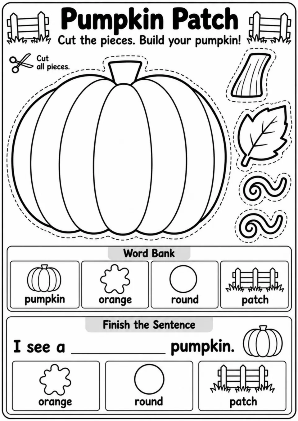 Pumpkin Patch craft: students cut out a pumpkin, stem, leaf and curls, then use a word bank to finish I see a pumpkin