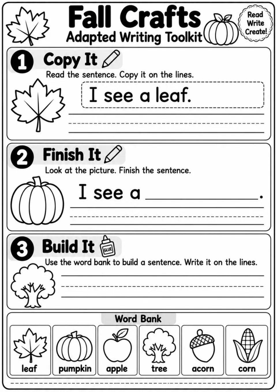 Adapted writing toolkit: students copy I see a leaf, finish I see a from a picture, and build a sentence from a word bank