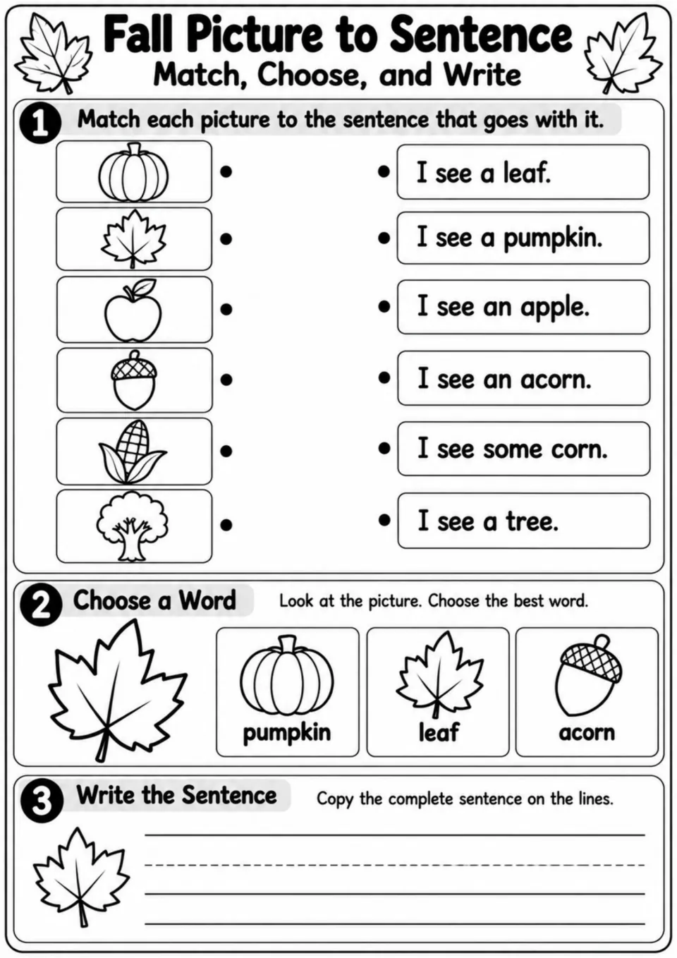 Fall picture to sentence: students match six pictures to I see sentences, choose the word for a leaf, and copy a sentence