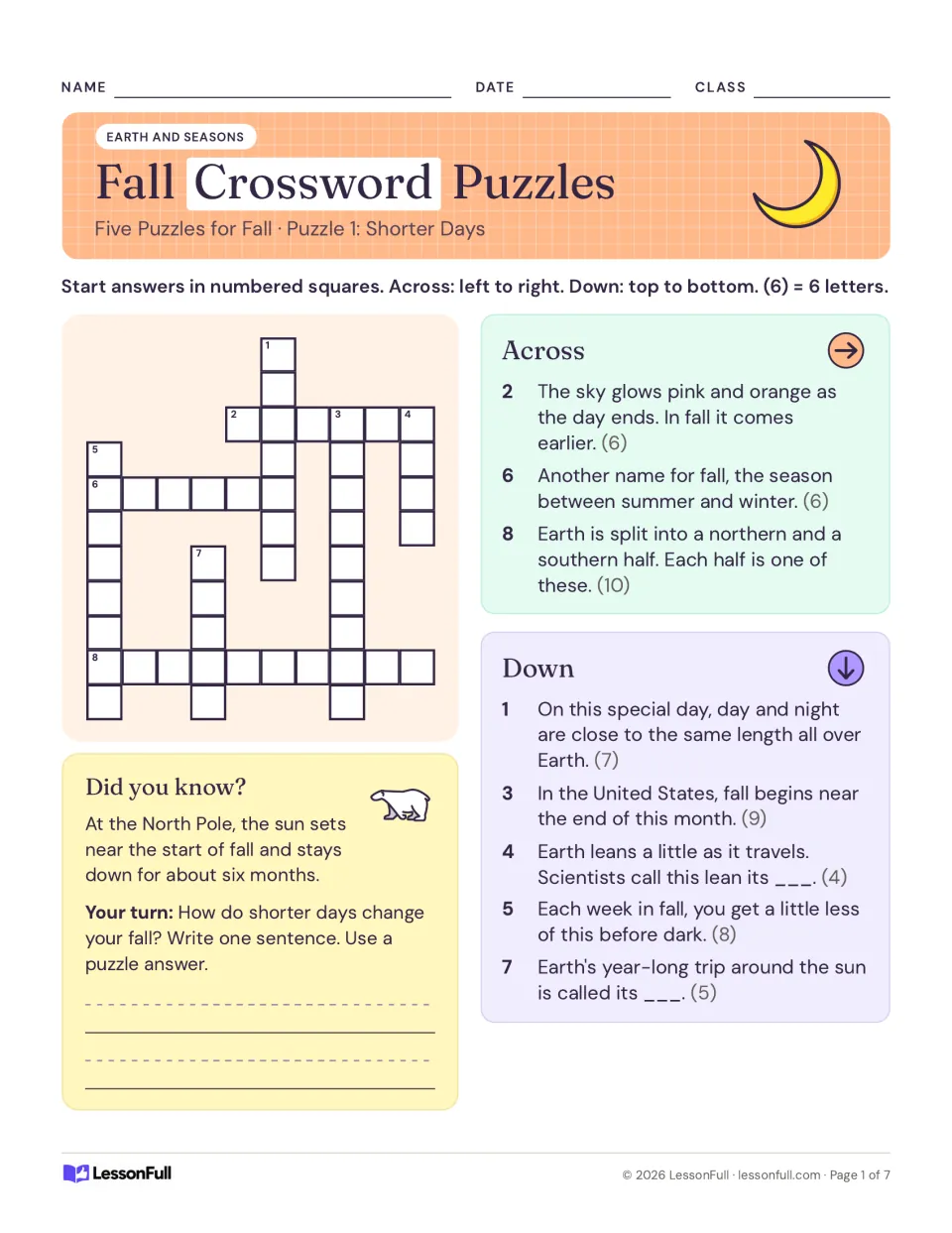 Puzzle 1, Shorter Days: a crossword with clues on sunset, autumn, the equinox and Earth's tilt, plus a writing prompt