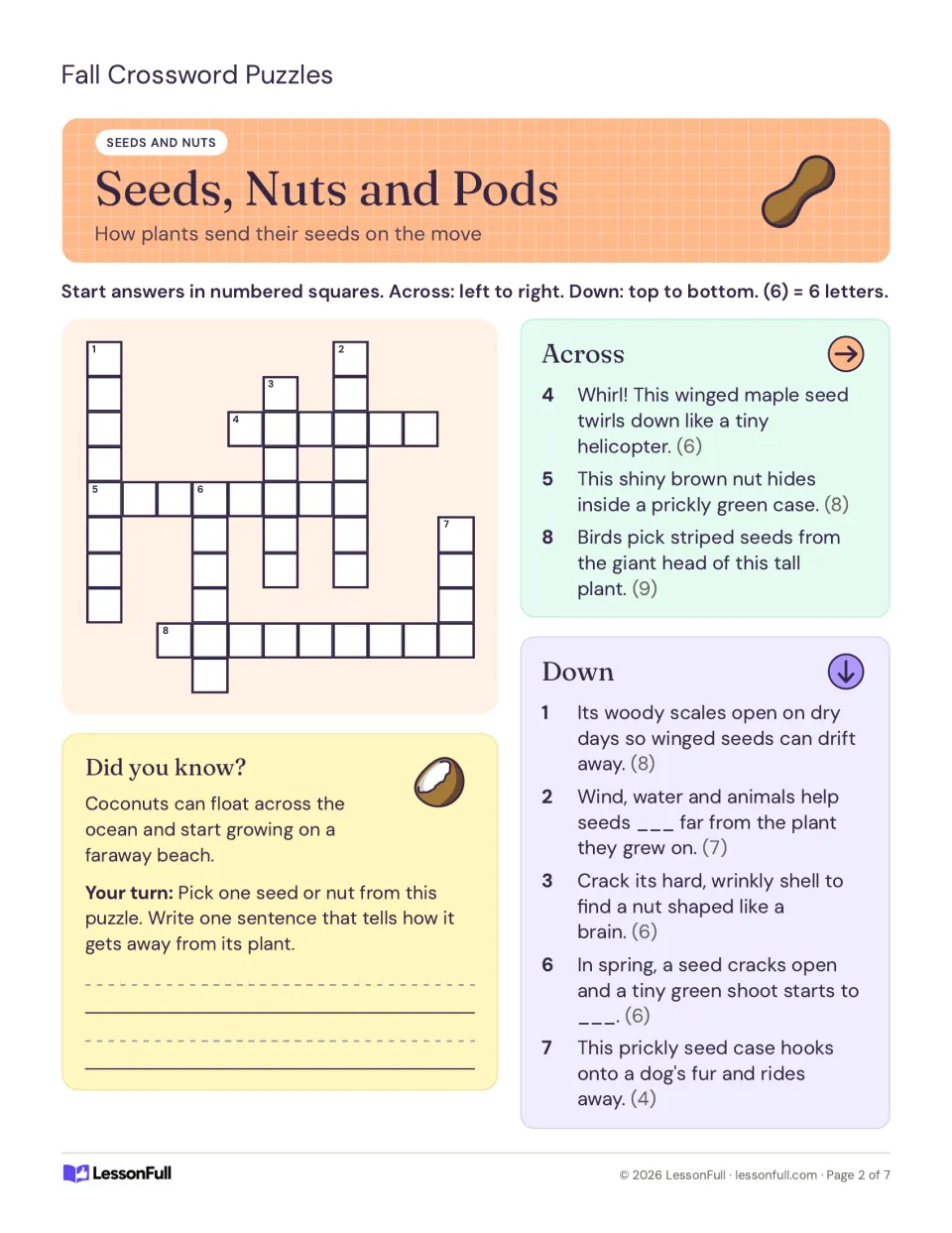 Seeds, Nuts and Pods crossword: clues on how plants spread seeds, like a winged maple seed and a prickly burr
