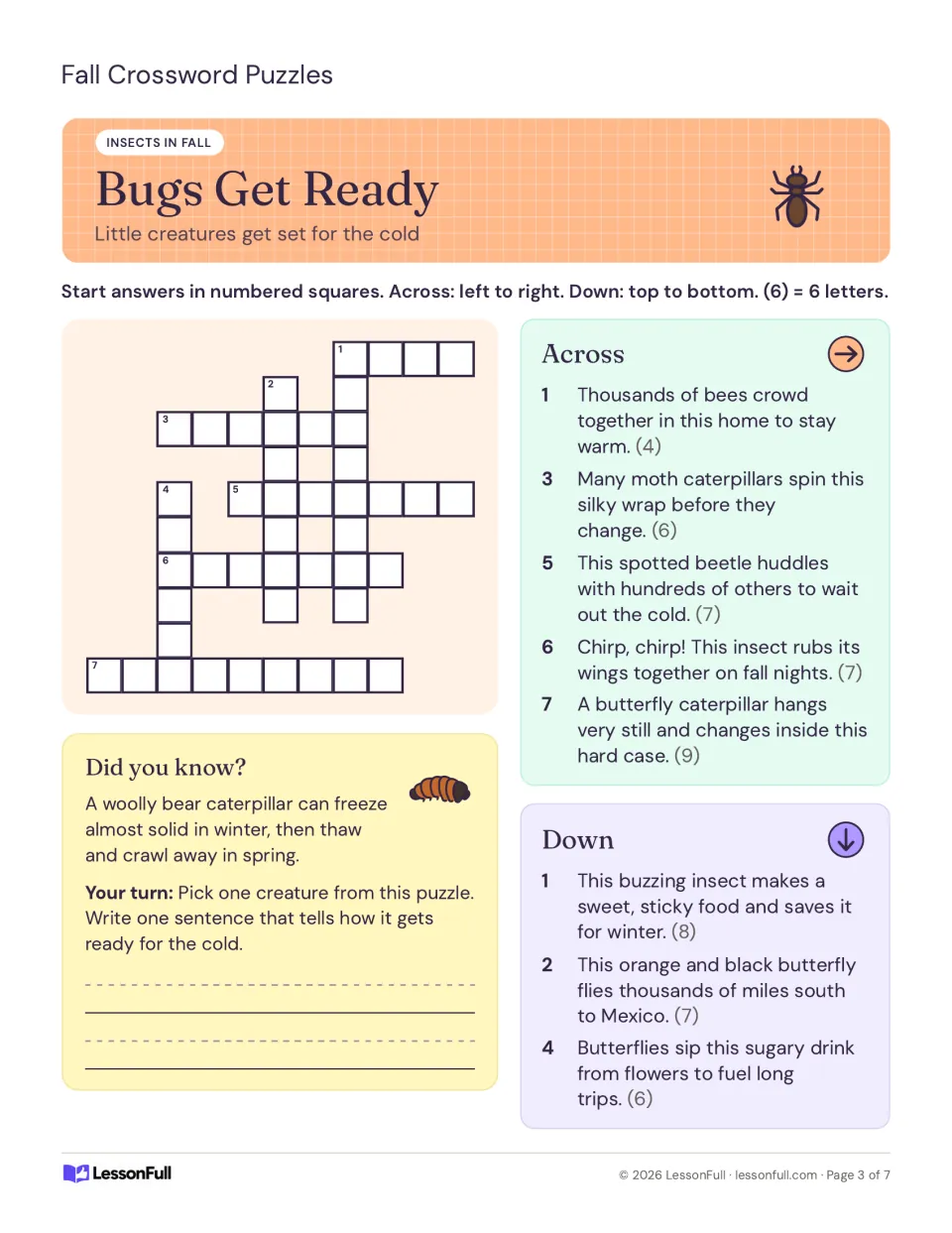Bugs Get Ready crossword: clues on how insects such as bees, monarchs and woolly bears prepare for cold weather