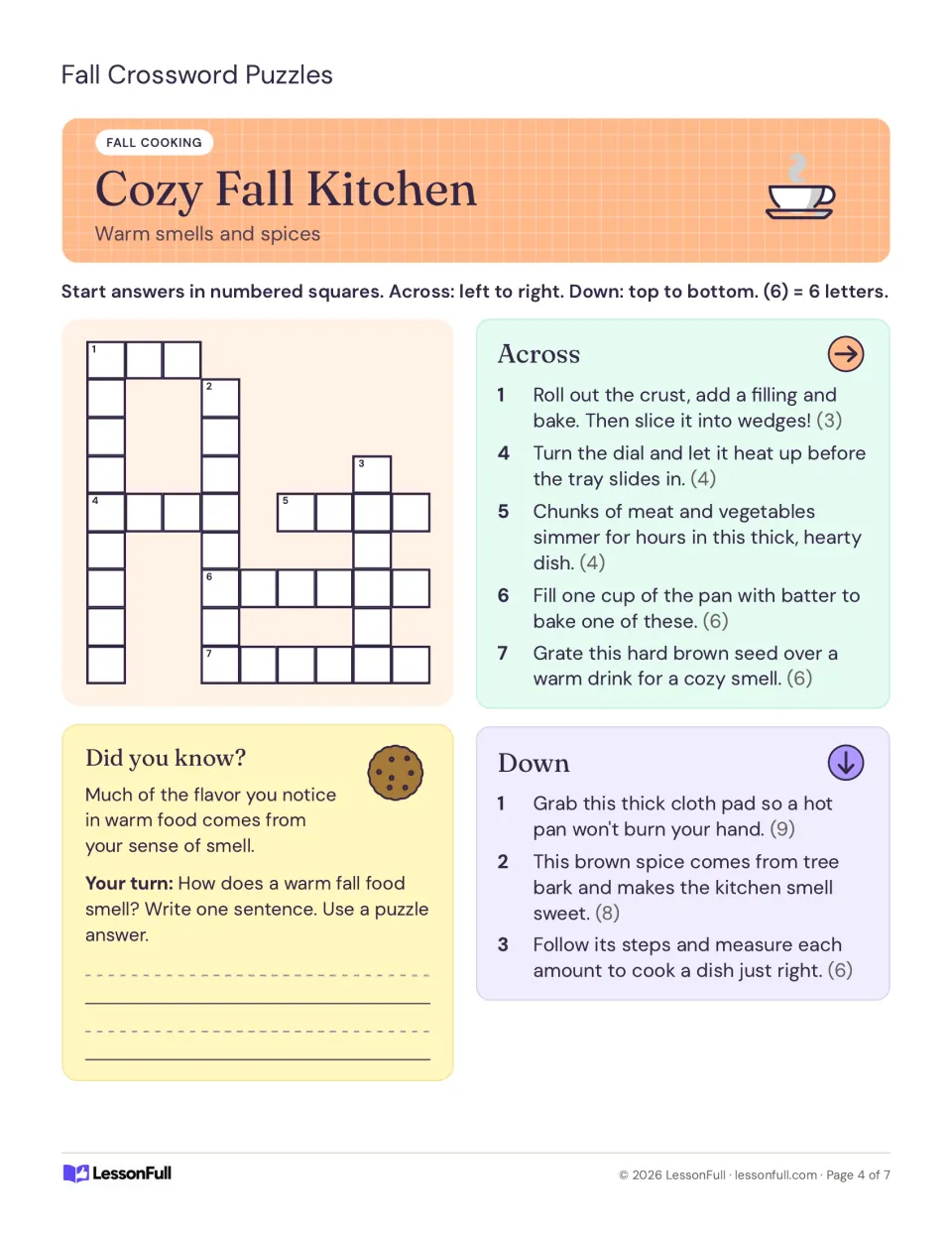 Cozy Fall Kitchen crossword: clues on pie, the oven, stew, muffins, nutmeg and other warm fall foods and spices