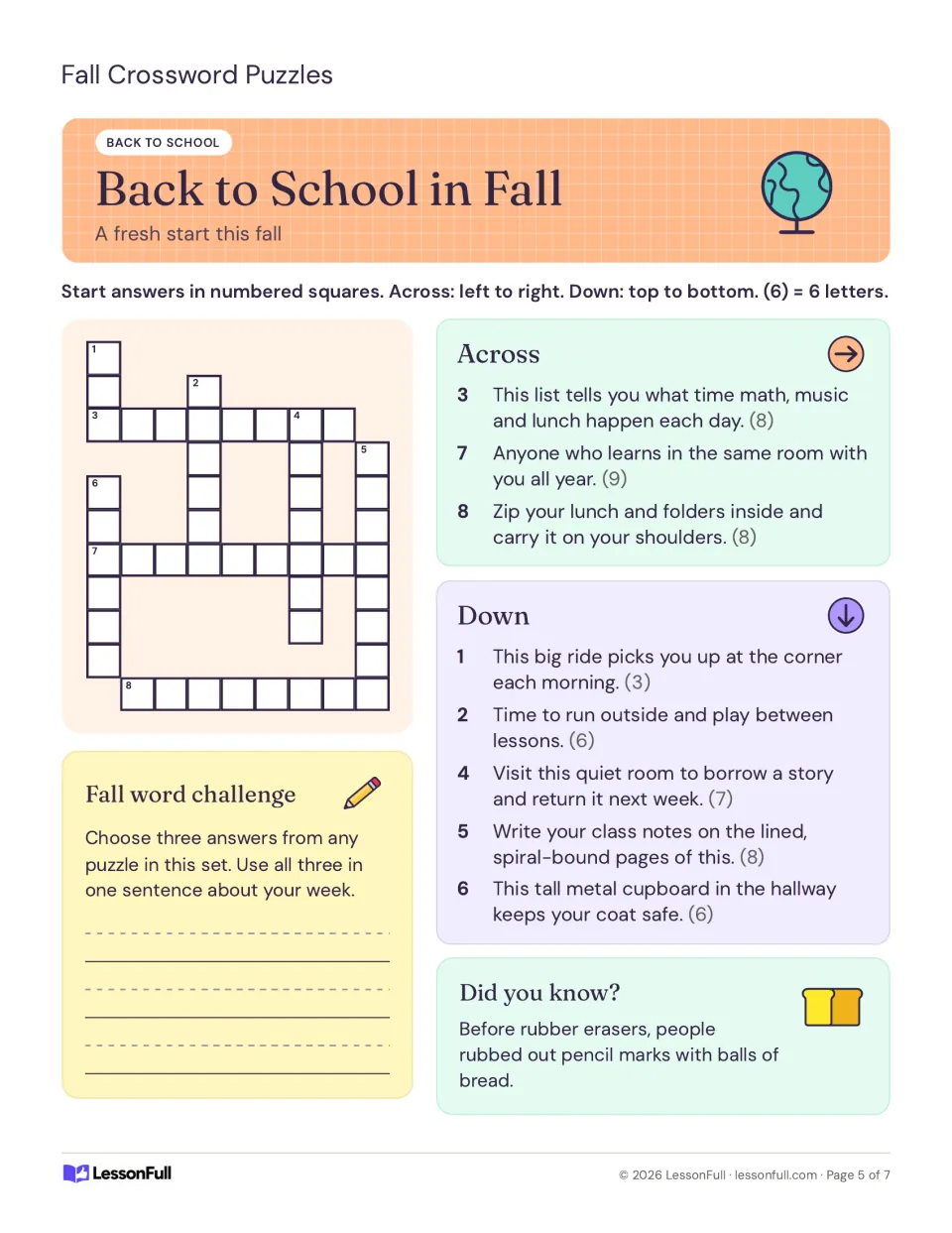 Back to School in Fall crossword: clues on a schedule, classmates, a backpack and recess, plus a word challenge