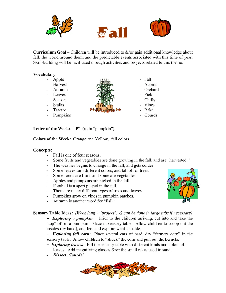 Fall planning: curriculum goal, 16 vocabulary words, letter P, orange and yellow colors, concepts and sensory table ideas