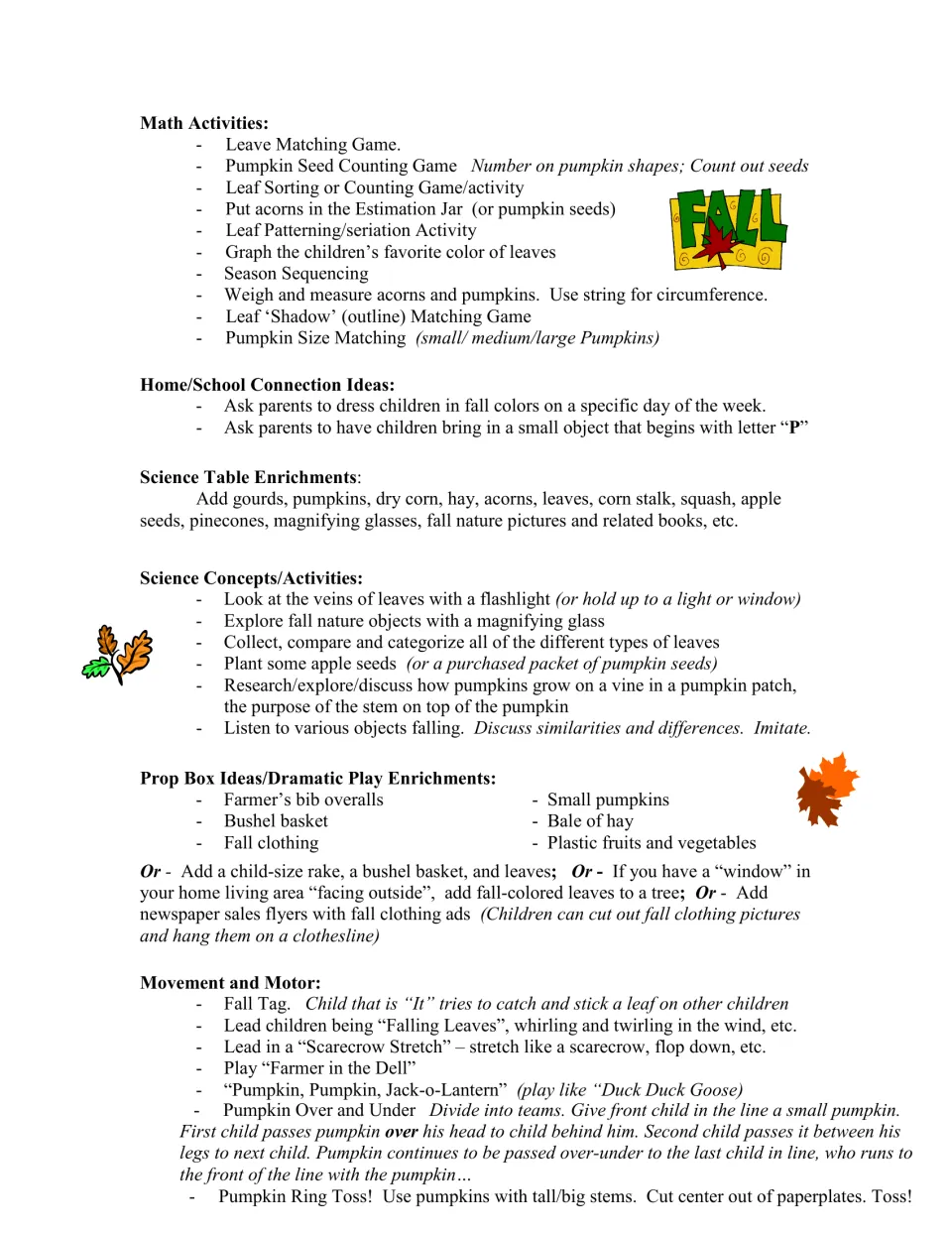Math, science and movement ideas: pumpkin seed counting, leaf patterning, season sequencing and Pumpkin Ring Toss