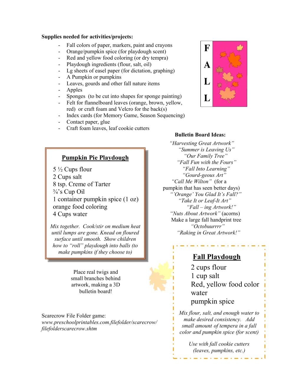 Supply list, Pumpkin Pie Playdough and Fall Playdough recipes, and punny bulletin board titles like Gourd-geous Art