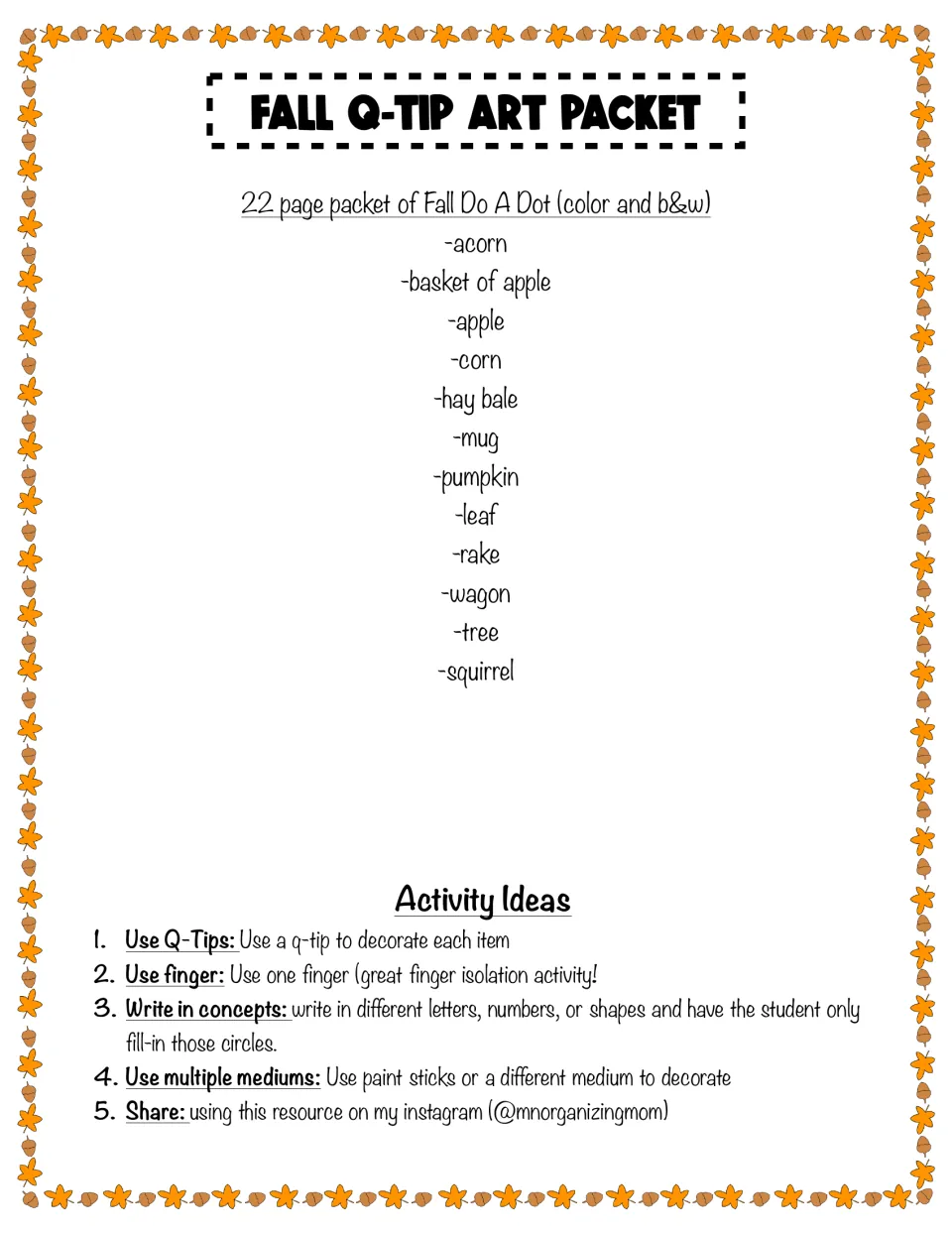 Fall Q-Tip Art Packet overview listing 12 Do A Dot pictures, acorn to squirrel, plus five activity ideas for using them