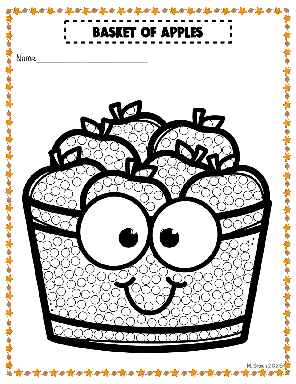 Basket of Apples dot art: students fill every circle on a smiling bushel basket piled with apples using a Q-tip or finger