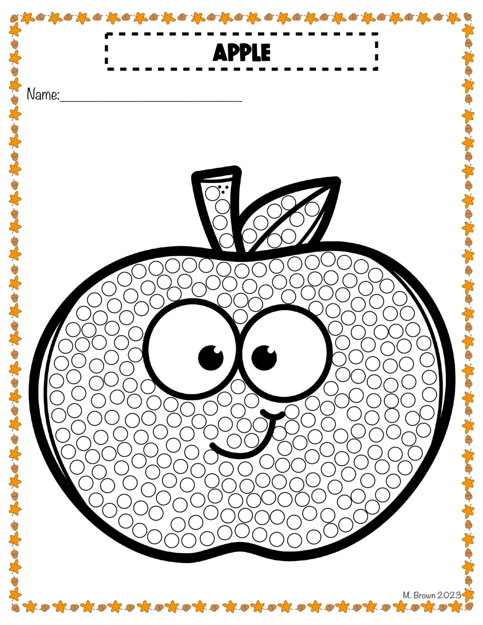 Apple dot painting: students dot each circle on a cheerful apple with a stem and leaf, writing their name at the top