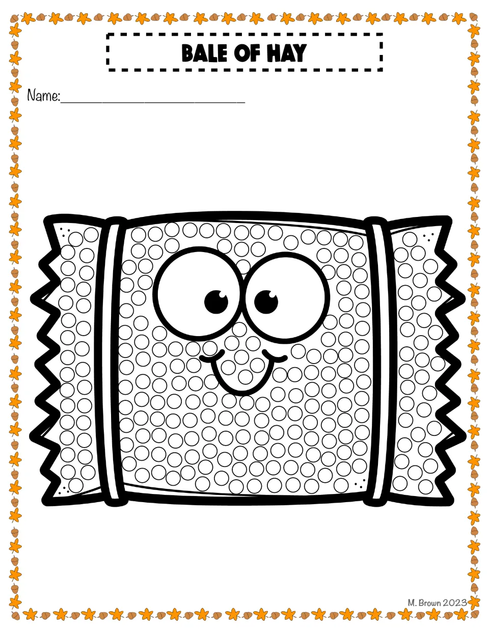 Bale of Hay dot art: students dab a dot in each circle across a smiling rectangular hay bale with two bands and ragged ends