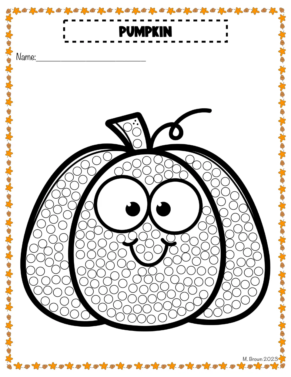 Pumpkin dot art: students dot every circle on a smiling pumpkin with a stem and curly vine, then add their name