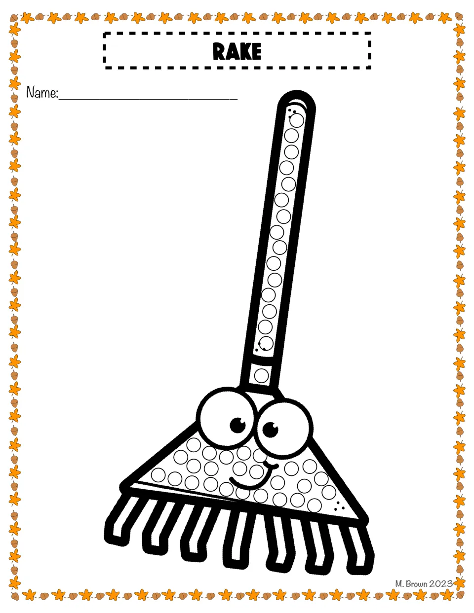 Rake dot art: students dot the row of circles up a long rake handle and across the smiling rake head with a Q-tip
