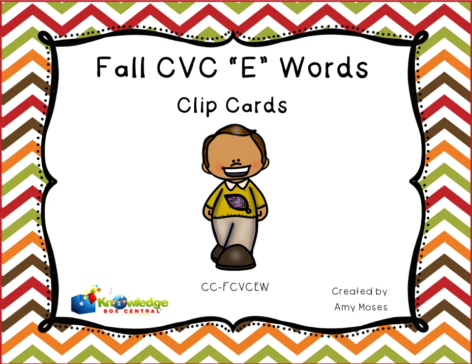 Cover of Fall CVC "E" Words Clip Cards: short e word-to-picture clip cards, shown with a smiling boy in a leaf sweater