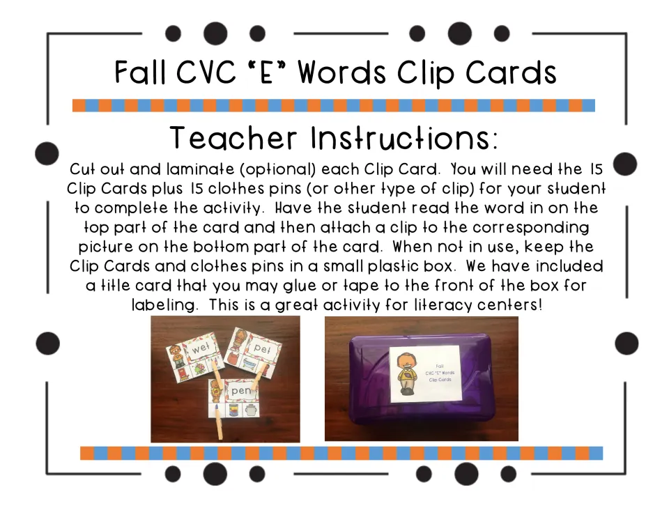 Teacher instructions for short e clip cards: laminate 15 cards, add clothes pins; photos show clipped cards and a box