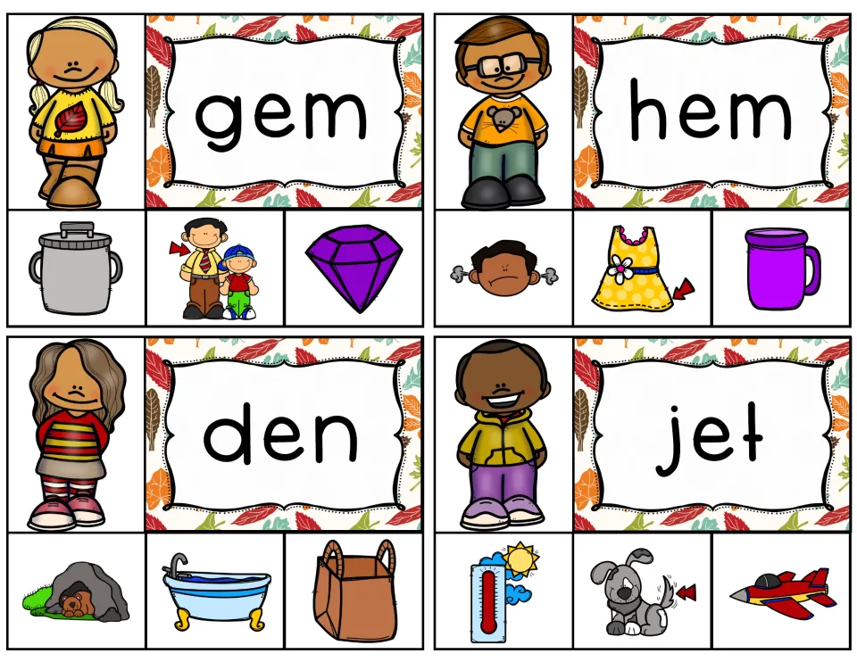 Short e clip cards for gem, hem, den and jet: students read each CVC word and clip the matching picture out of three