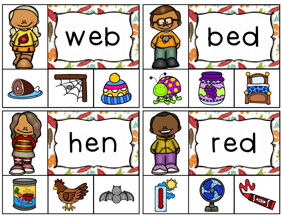 Short e clip cards for web, bed, hen and red: students decode each word and clip its picture, such as a spider web