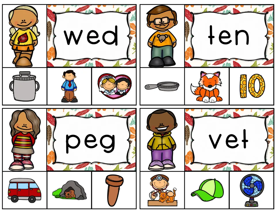 Short e word cards for wed, ten, peg and vet: students match each word to its picture, such as the number 10 for ten