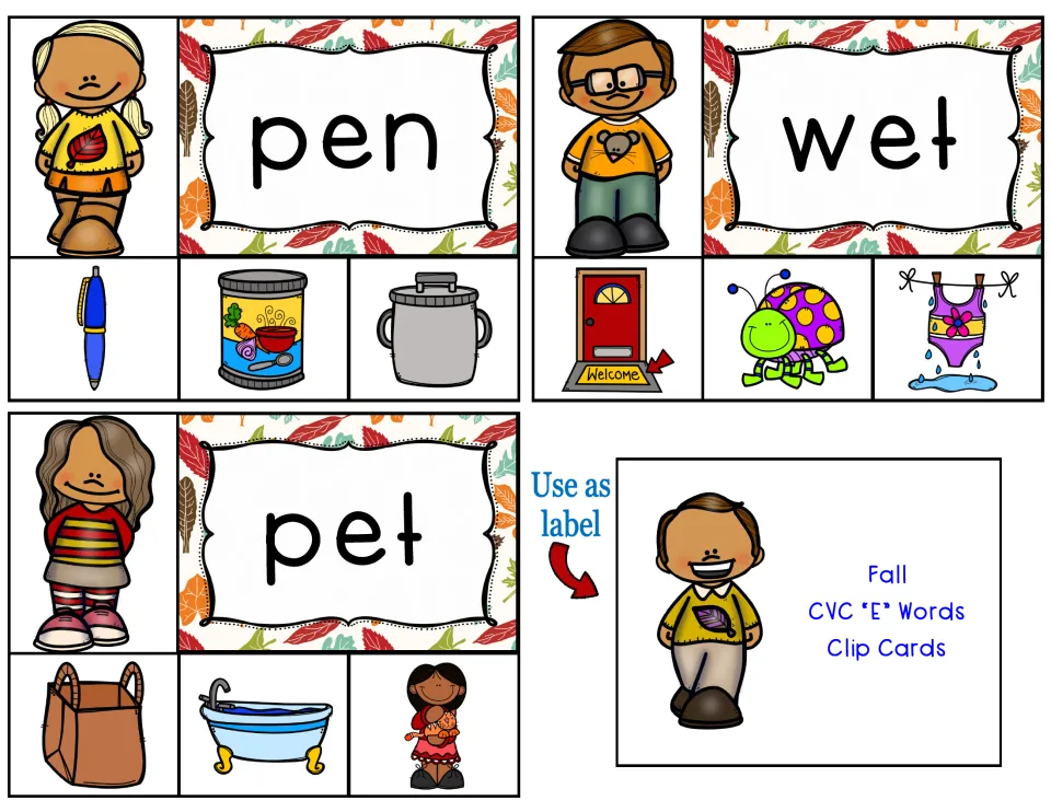 Short e clip cards for pen, wet and pet, plus a title card marked 'Use as label' to tape onto the storage box