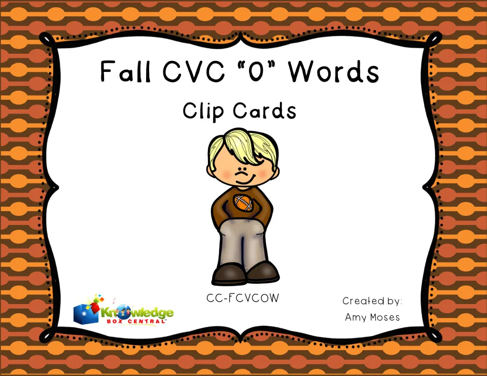 Cover of Fall CVC "O" Words Clip Cards by Amy Moses, showing a smiling boy in a brown football sweater
