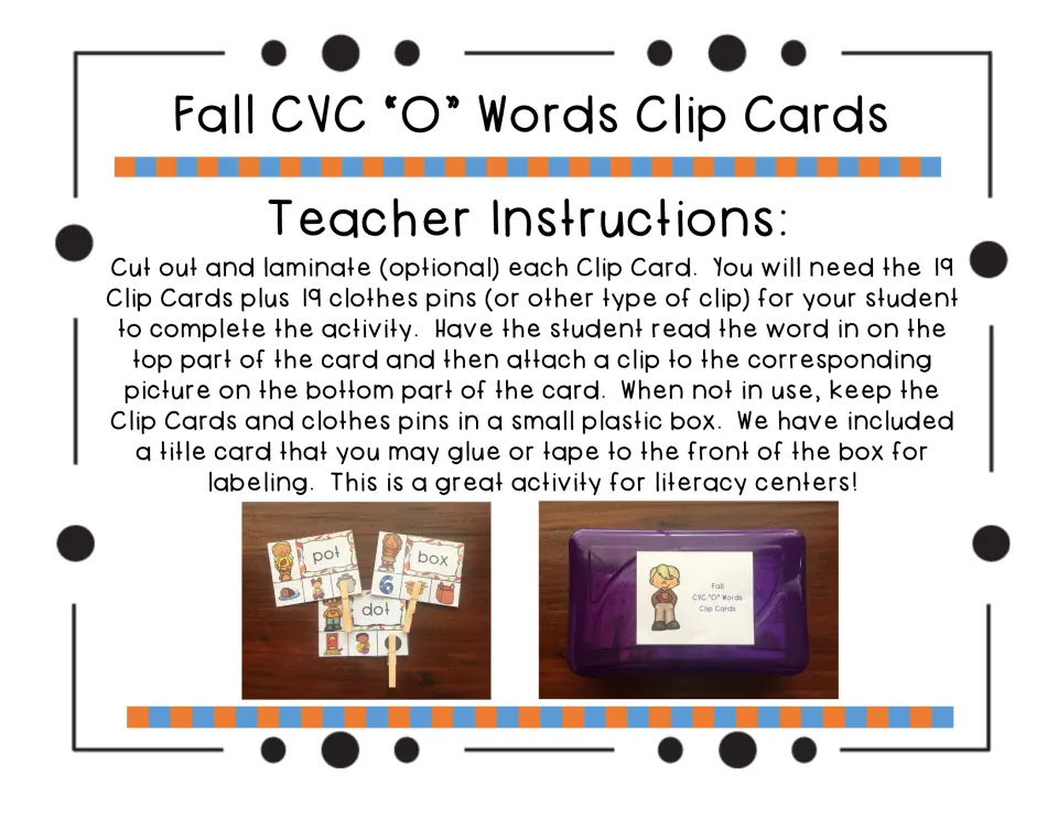 Teacher instructions: cut out and laminate 19 cards, add clothespins, and store them in a box; photos show cards and the box