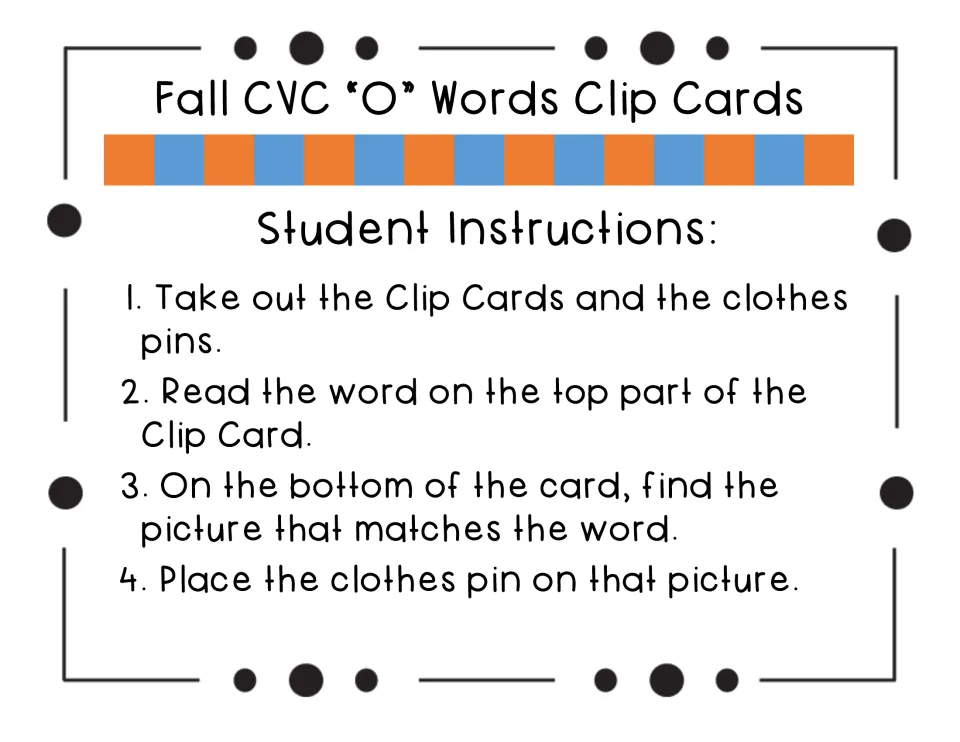 Student instructions in four steps: take out cards and clothespins, read the top word, find the matching picture, clip it