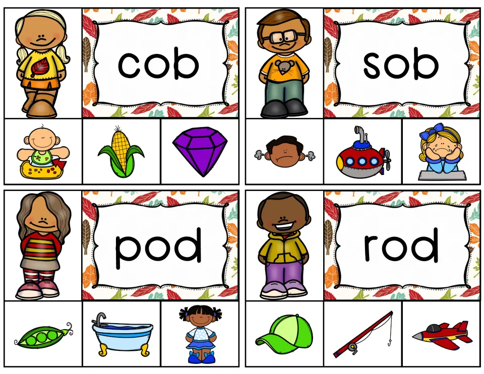 Short o word-picture matching cards for cob, sob, pod and rod; students read each word and clip one of three pictures