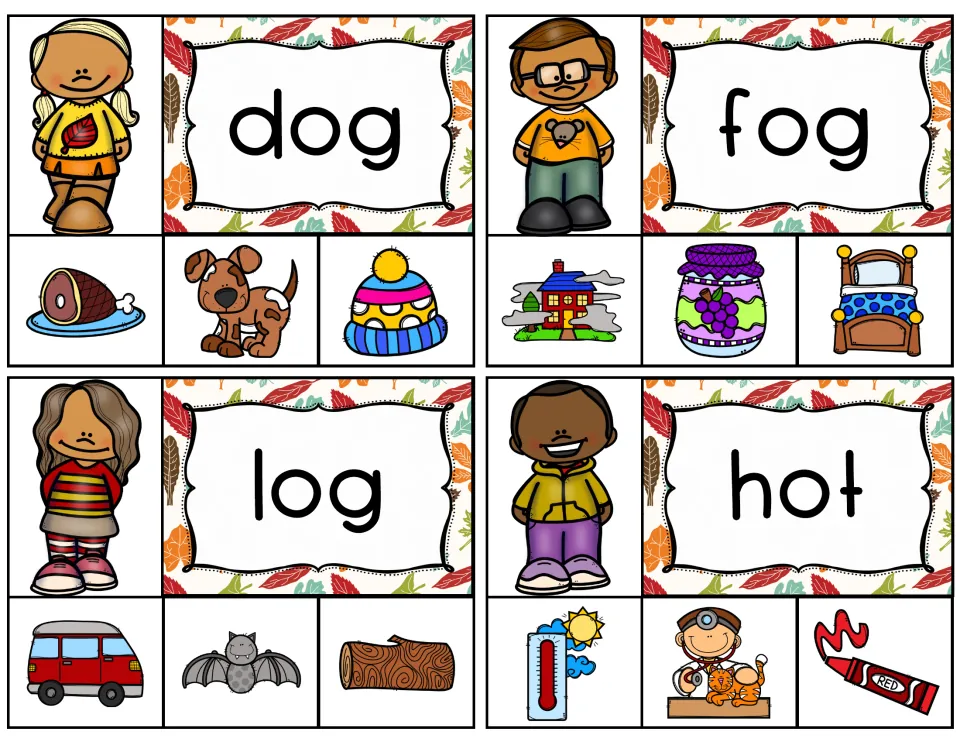 Short o clip cards for dog, fog, log and hot: students read the word and clip the matching picture, such as a dog or log