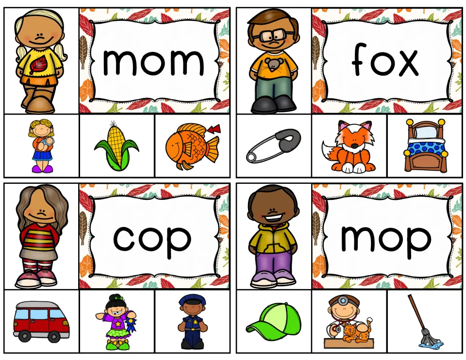 CVC cards for mom, fox, cop and mop: children decode each short o word and clip the right picture, like a fox or a mop