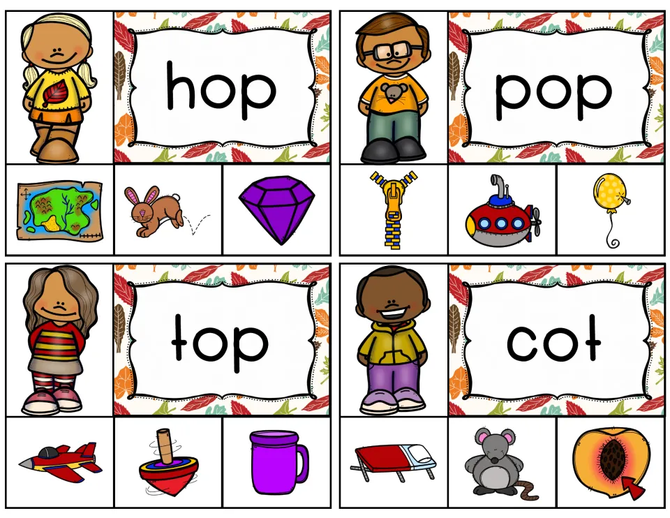 Short o -op and -ot cards for hop, pop, top and cot: students read the word and clip the matching picture, like a top