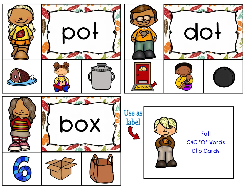 Final clip cards for pot, dot and box with three picture choices each, plus a title label to tape on the storage box