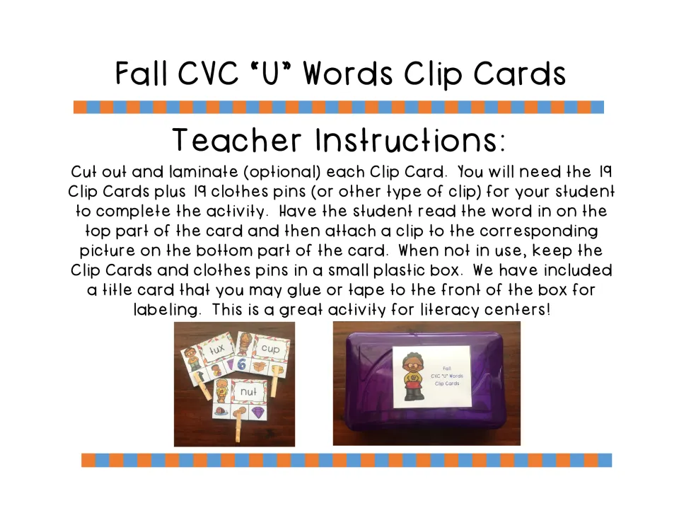 Teacher instructions for preparing 19 clip cards and clothespins, matching words to pictures, and storing the set