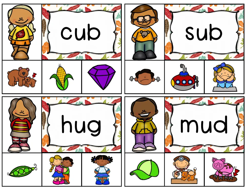 Short-u clip cards for cub, sub, hug, and mud, each offering three pictures to choose from after reading